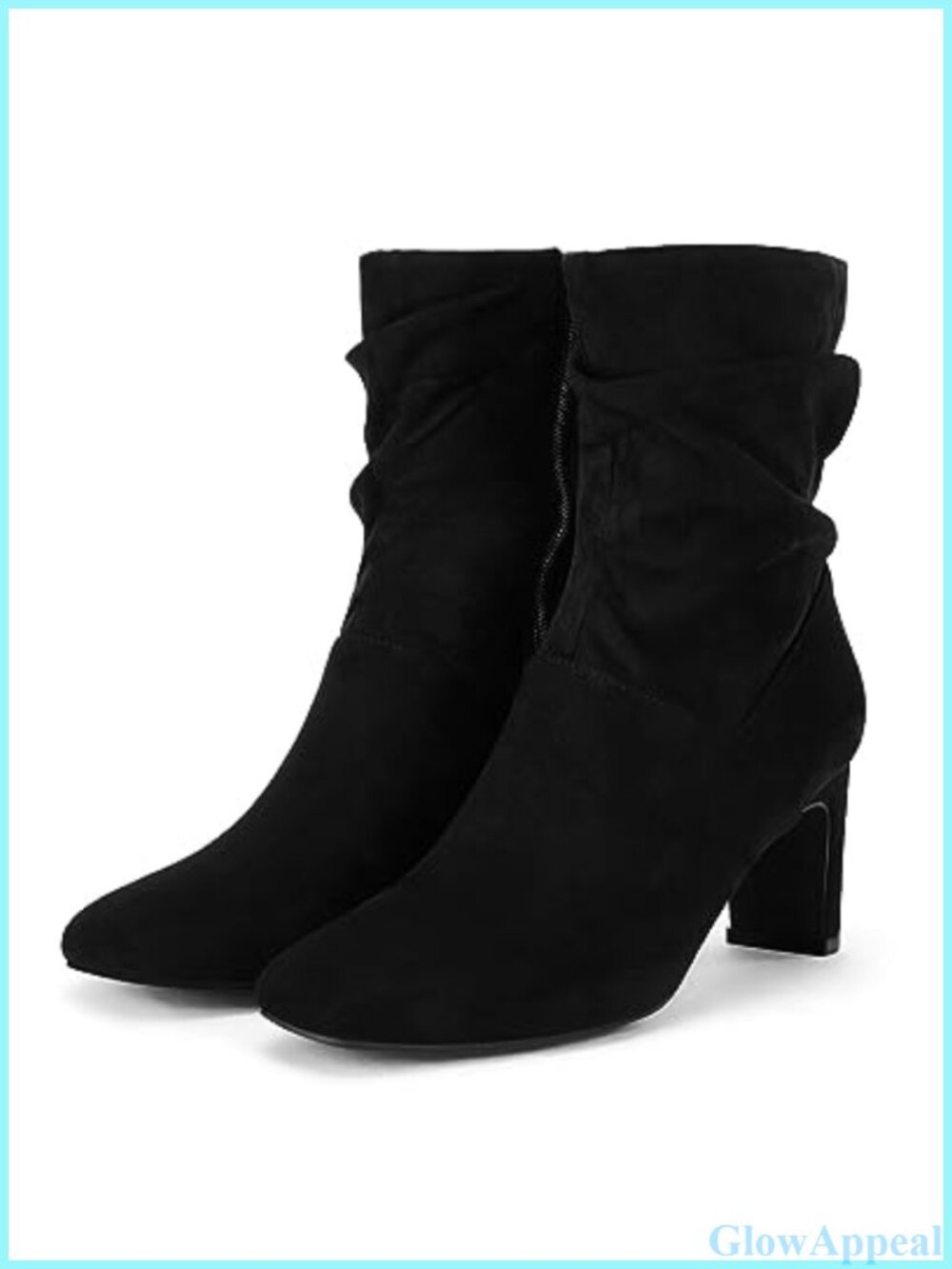 Slouch Mid Calf Boots Chunky Heel Square Toe Zip Up Faux Suede Booties